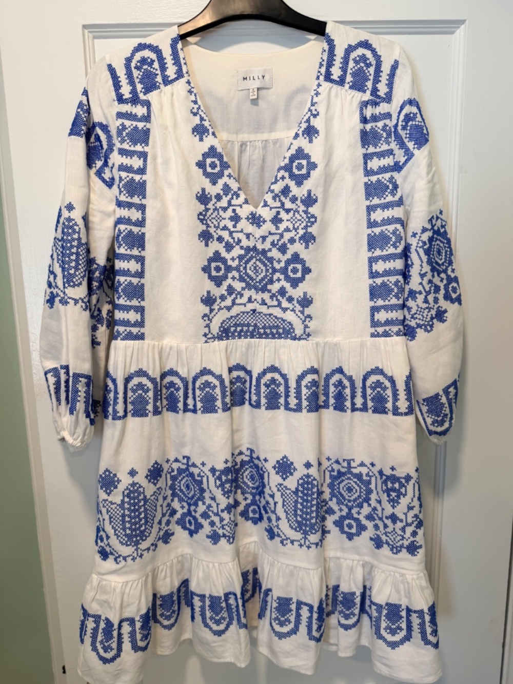 Milly White Linen Tunic Dress - Blue Embroidery - Size 4